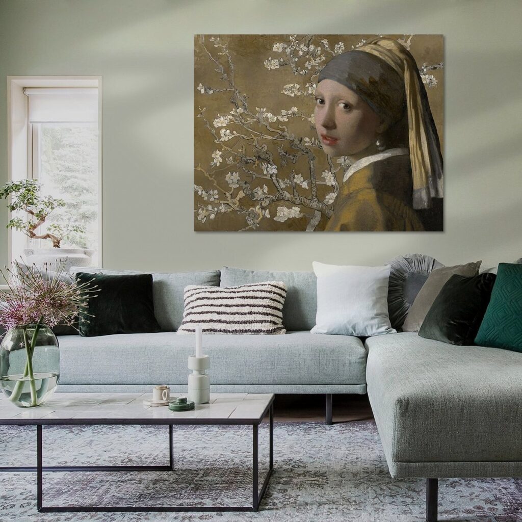 Eigentijds meesterwerk van Het Meisje met de Parel als stijlvolle wanddecoratie in de woonkamer.