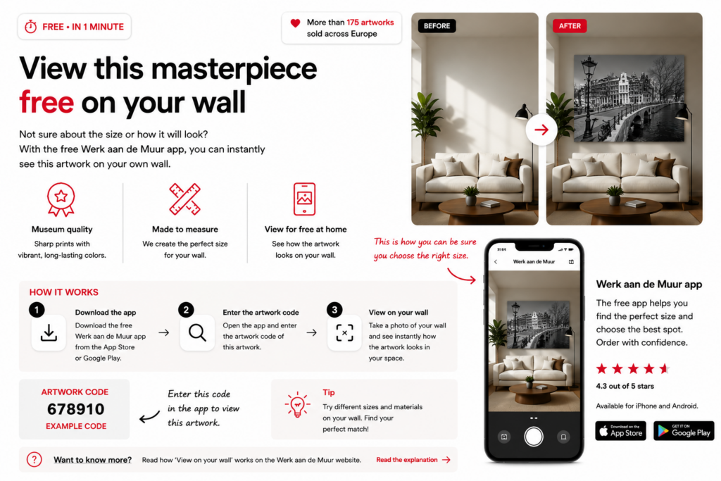 Preview Amsterdam photo prints on your own wall with the free Werk aan de Muur app before ordering.