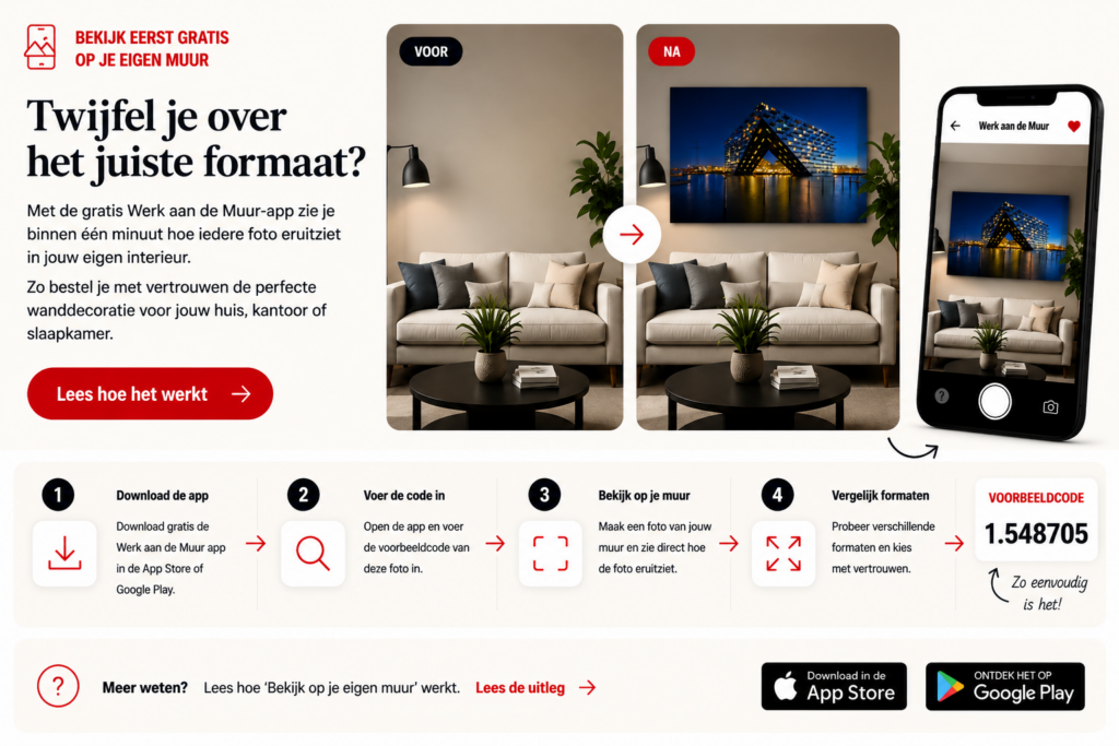 Bekijk hoe Amsterdam foto's aan jouw muur staan met de gratis Werk aan de Muur-app voordat je bestelt.