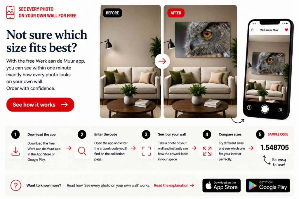 Preview Amsterdam photo prints on your own wall with the free Werk aan de Muur app before ordering.