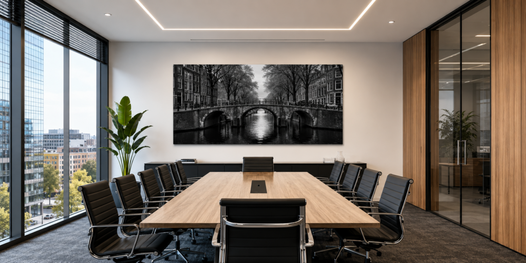 Office meeting room with large Amsterdam canal panorama as premium office wall art