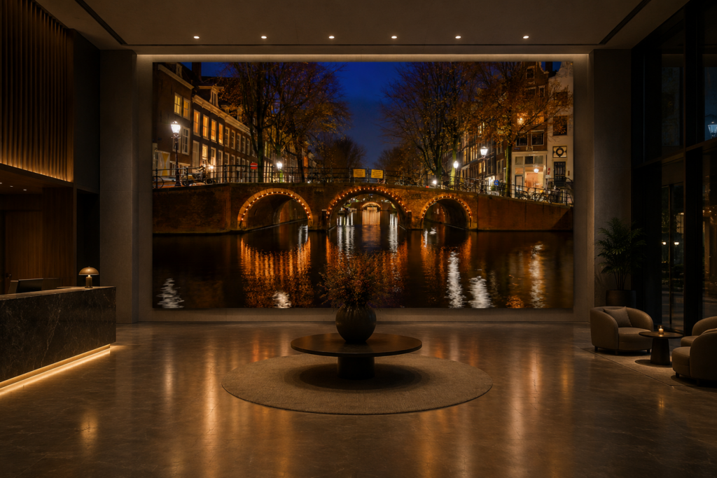 Centrale hal met grootformaat avondfotografie van de Herengracht in Amsterdam