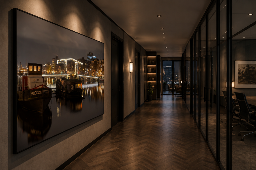 Visualisation of a modern office corridor with Amsterdam night photography