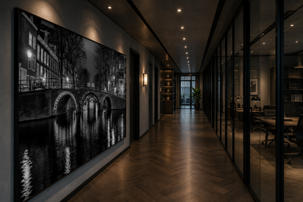 Visualisation of an office corridor with panoramic black and white Amsterdam canal wall art