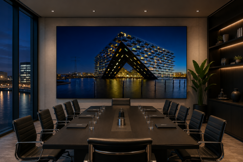 Zakelijk interieur met Amsterdamse fotografie als exclusieve kantoorkunst