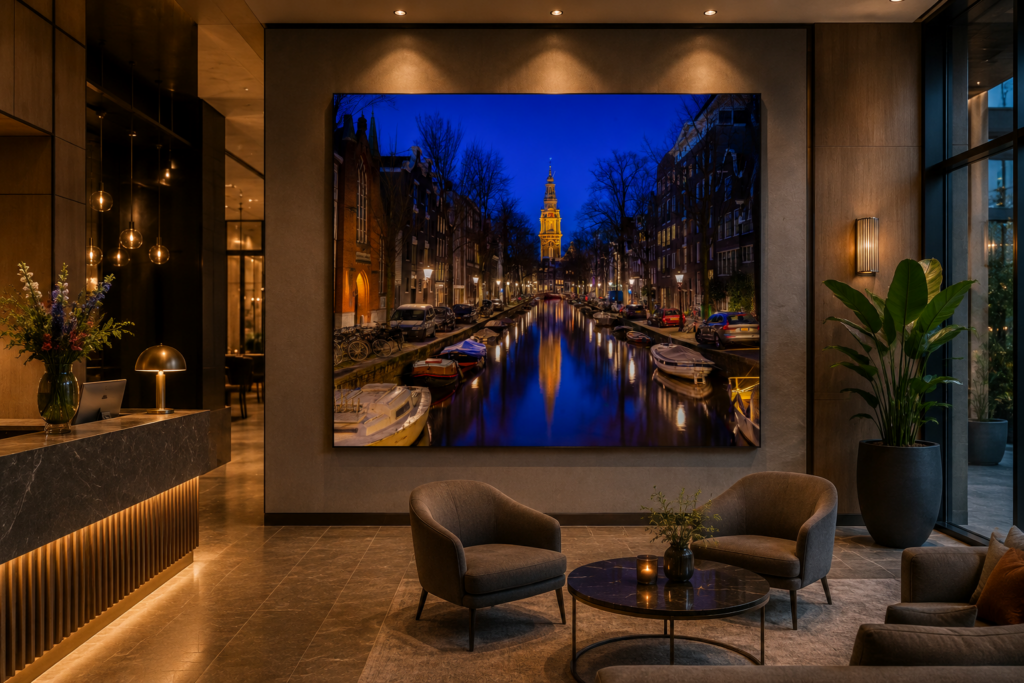 Visualisation of a hotel lobby with Amsterdam Zuiderkerk photography as wall art