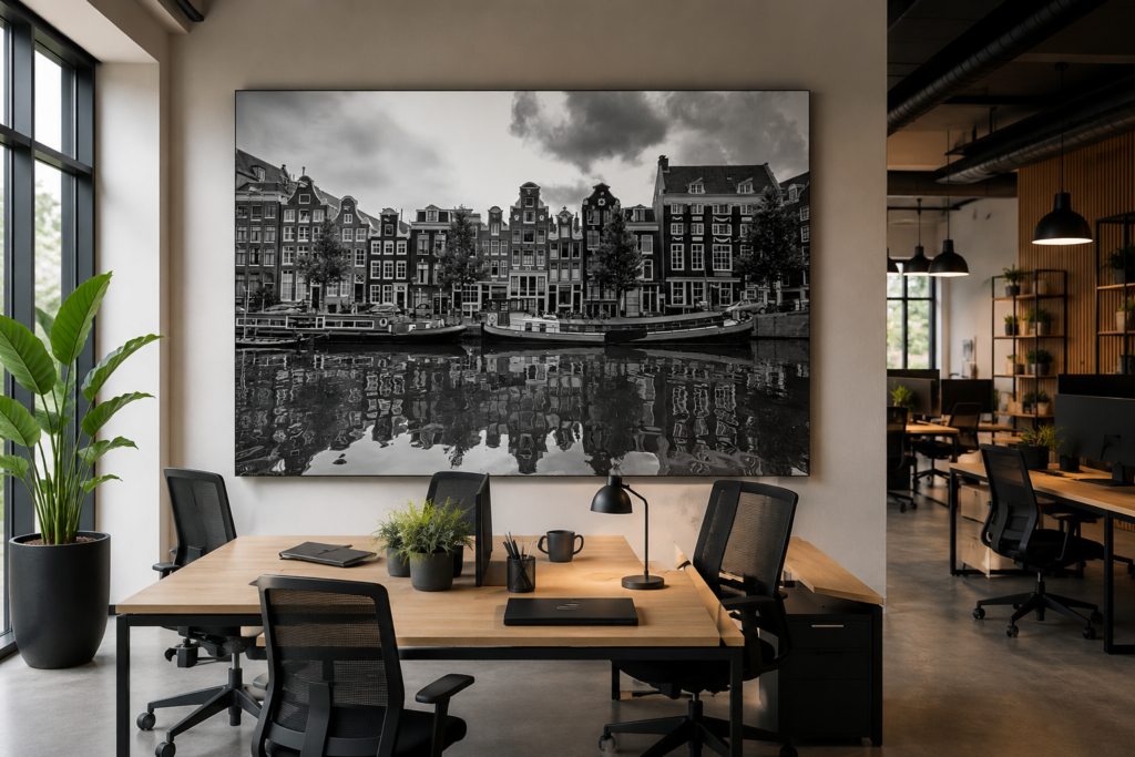 Visualisation of an open office with Amsterdam Singel canal photography
