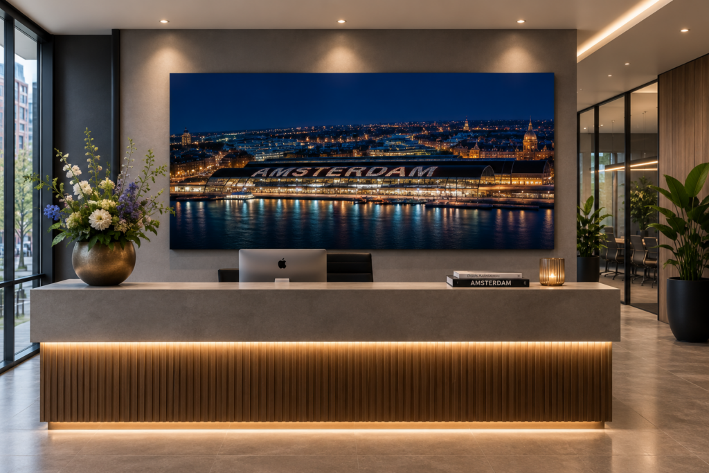 Visualisation of a reception area with panoramic Amsterdam skyline photography