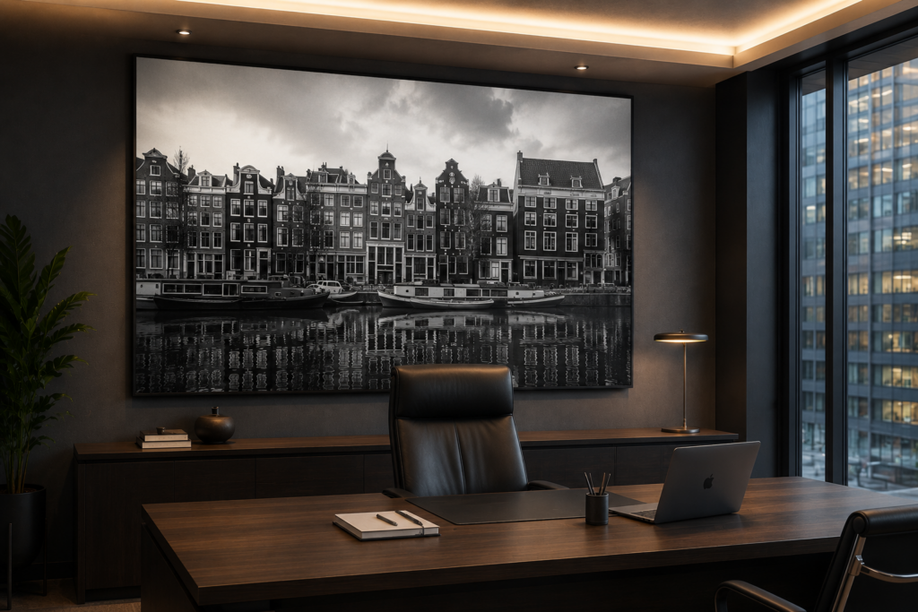 Visualisation of a boardroom with black and white Amsterdam canal photography as office wall art