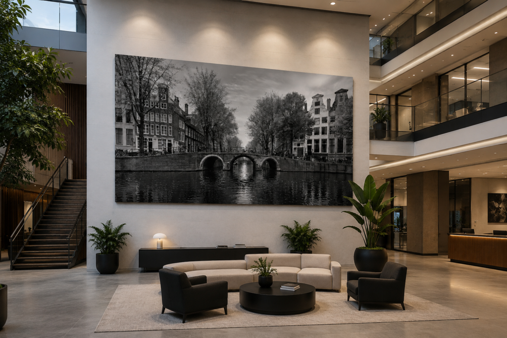 Visualisation of an office atrium with large black and white Herengracht photography