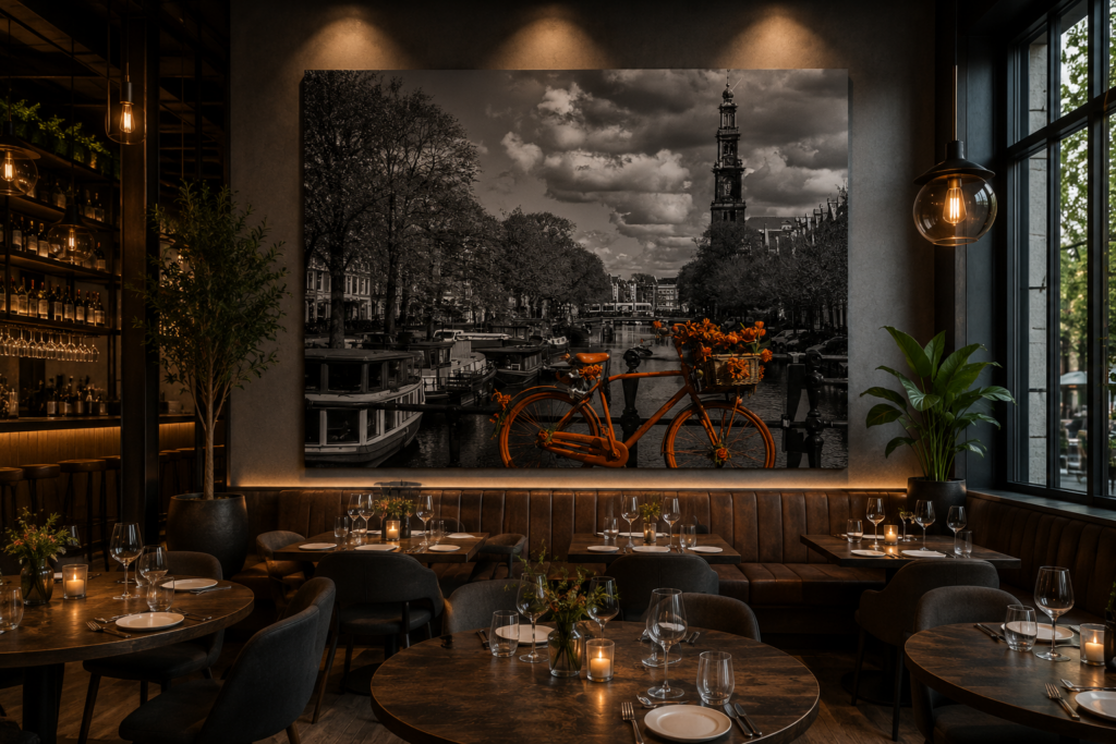 Visualisation of a restaurant with colourful Amsterdam bicycle photography