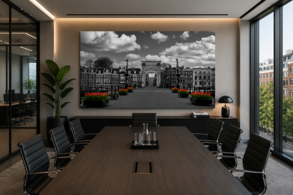 Visualisation of a conference room with Amsterdam Magere Brug photography