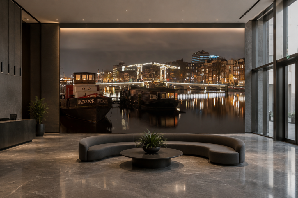 Imposante entreehal met Amsterdamse nachtfotografie als grootformaat wanddecoratie