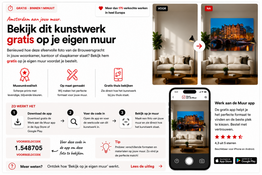 Bekijk hoe Amsterdam foto's aan jouw muur staan met de gratis Werk aan de Muur-app voordat je bestelt.