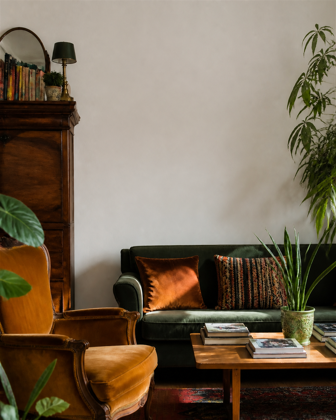 Eclectische woonkamer met lege muur vóór plaatsing van een uitgesproken Amsterdamfoto