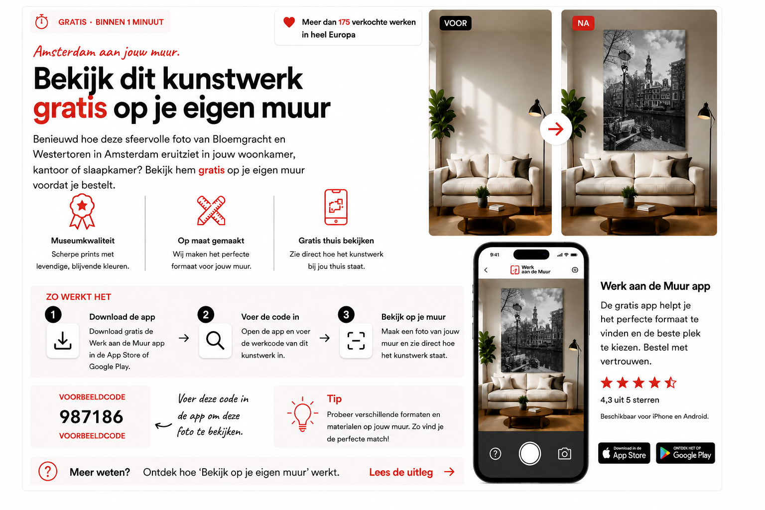 Bekijk hoe Amsterdamse skylinefotografie op jouw eigen muur staat