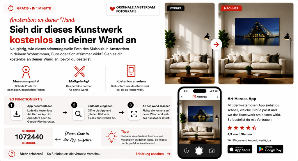 Kostenlose Wandvorschau eines Amsterdam-Wandbilds mit der Art Heroes App