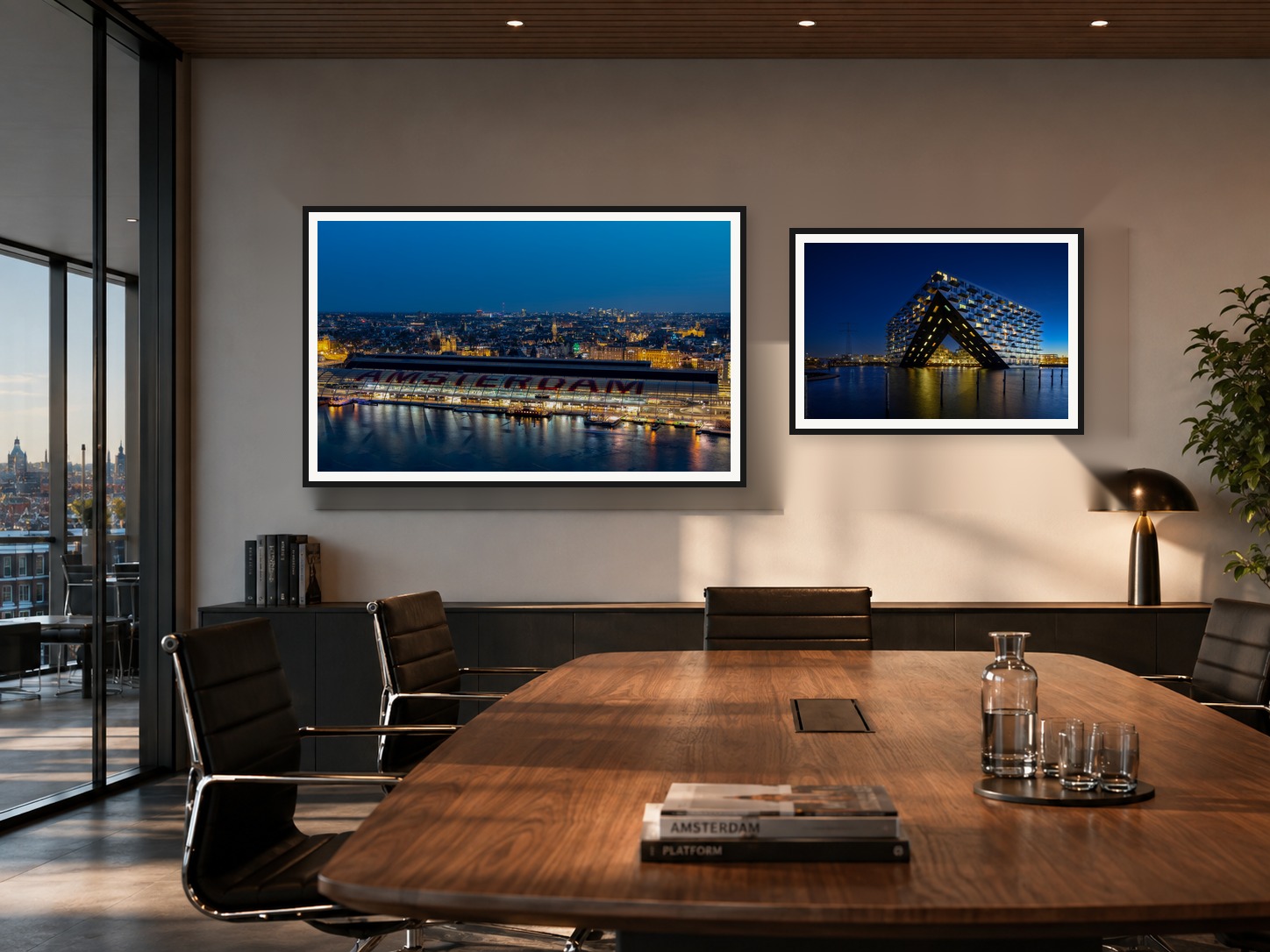 Large Amsterdam wall art displayed in a modern boardroom