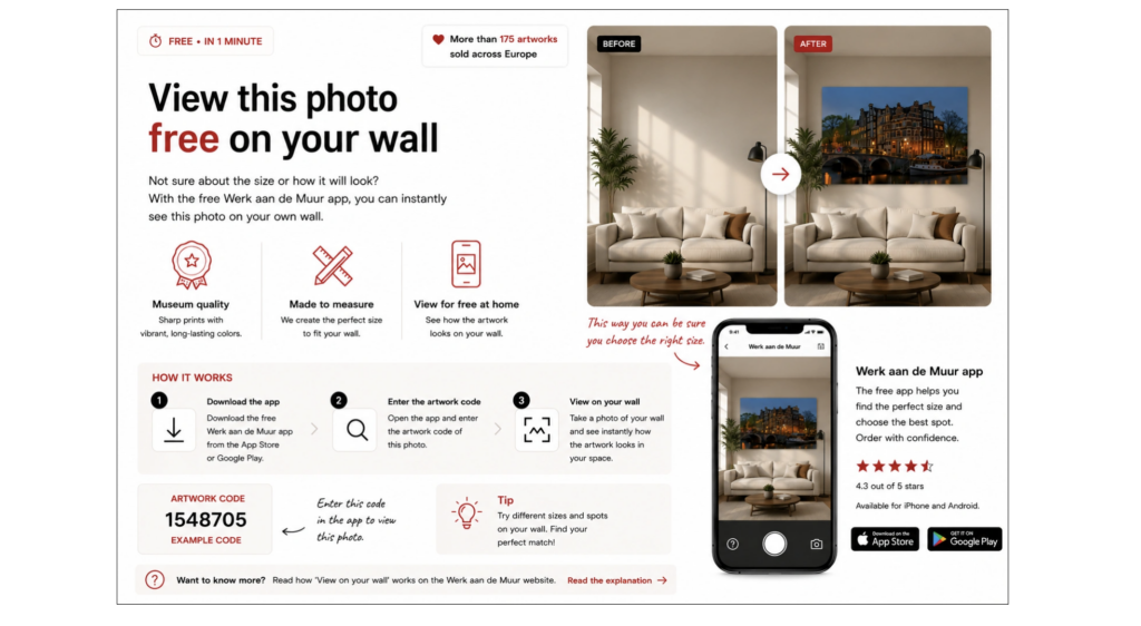 Preview Amsterdam wall art on your own wall with the free Werk aan de Muur app before ordering.