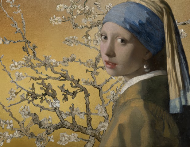 Premium foto Meisje met de parel-Amandelbloesem Kunst met een knipoog Amsterdam - Ideaal als fotobehang of naadloos behang op maat