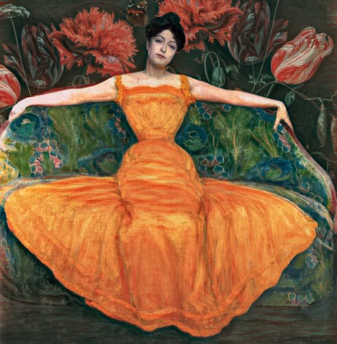 Dame in gele jurk, Max Kurzweil met bloemen achtergrond