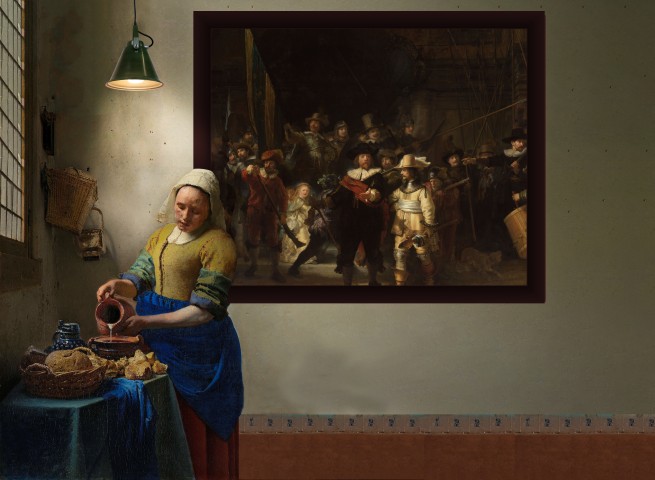 Premium foto Het melkmeisje en de Nachtwacht met electrische hanglamp Kunst met een knipoog Amsterdam - Ideaal als fotobehang of naadloos behang op maat