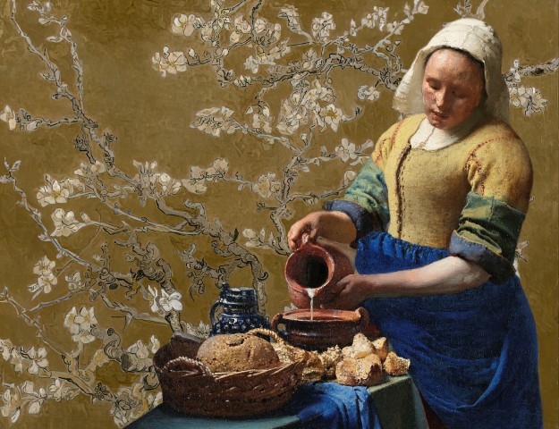 Premium foto Het Melkmeisje en de amandelbloesem – gold edition Kunst met een knipoog Amsterdam - Ideaal als fotobehang of naadloos behang op maat