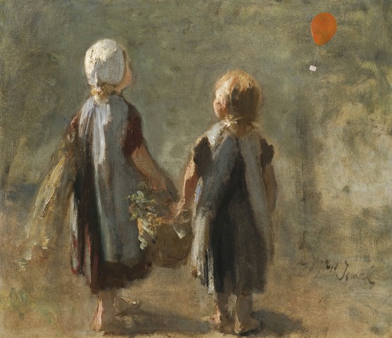 Twee kleine meisjes dragen een mand - ballon