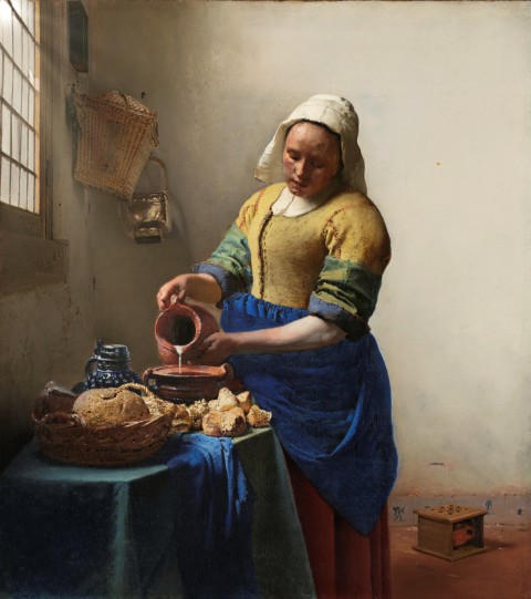 Premium foto Melkmeisje van Johannes Vermeer met zonnestralen Kunst met een knipoog Amsterdam - Ideaal als fotobehang of naadloos behang op maat