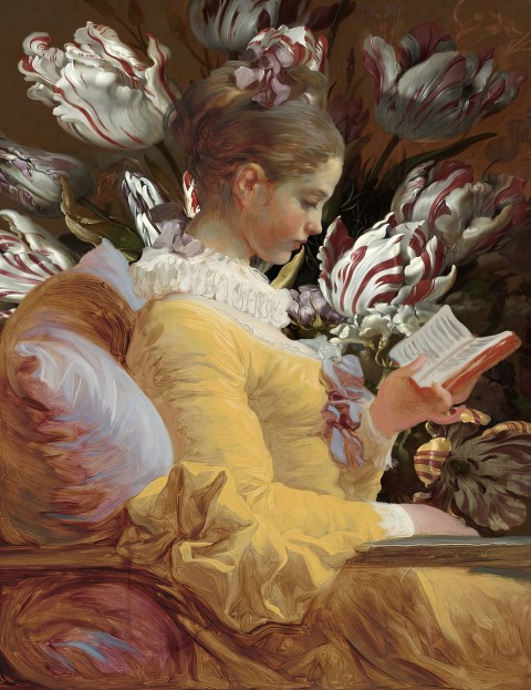 Premium foto Lezend meisje, Jean-Honoré Fragonard – bloemenbehang Kunst met een knipoog Amsterdam - Ideaal als fotobehang of naadloos behang op maat