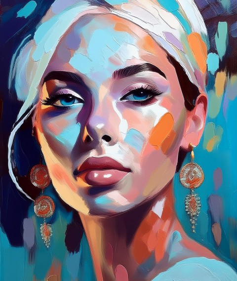 Digitales Kunstwerk: Vrouwenportret opgebouwd uit kleurrijke schilderachtige vlakken in blauw, roze en oranje — Peter Bartelings