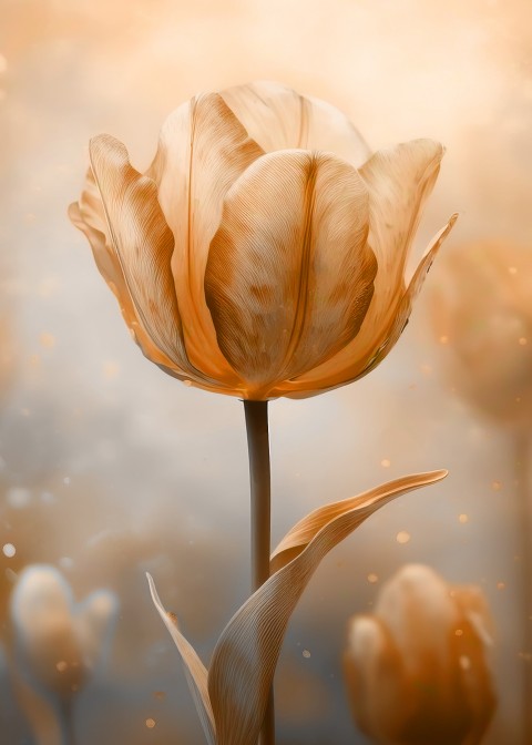 Goudkleurige tulp tegen een zachte beige achtergrond met onscherpe lichtpunten