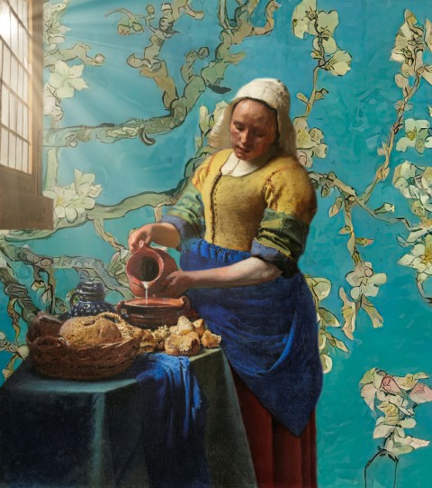 Premium foto Het Melkmeisje en de Amandelbloesem Kunst met een knipoog Amsterdam - Ideaal als fotobehang of naadloos behang op maat