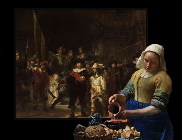 Premium foto Nachtwacht en het Melkmeisje Kunst met een knipoog Amsterdam - Ideaal als fotobehang of naadloos behang op maat