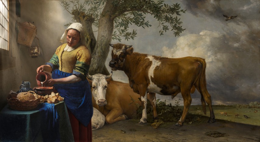 Premium foto Melkmeisje schenkt verse melk Kunst met een knipoog Amsterdam - Ideaal als fotobehang of naadloos behang op maat